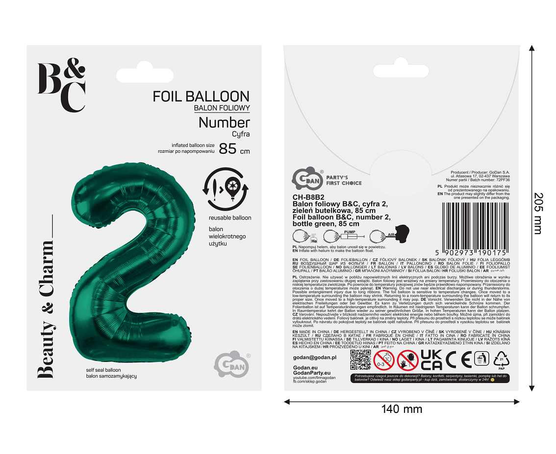 Foil balloon B&C, number 2, bottle green, 85 cm